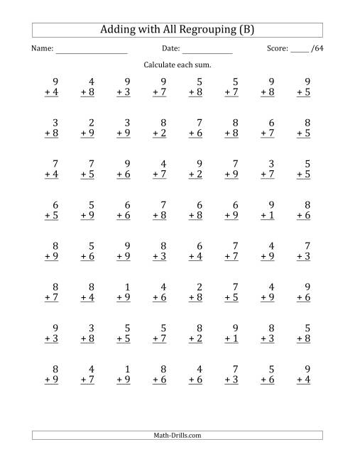 The 64 Single-Digit Addition Questions with All Regrouping (B) Math Worksheet