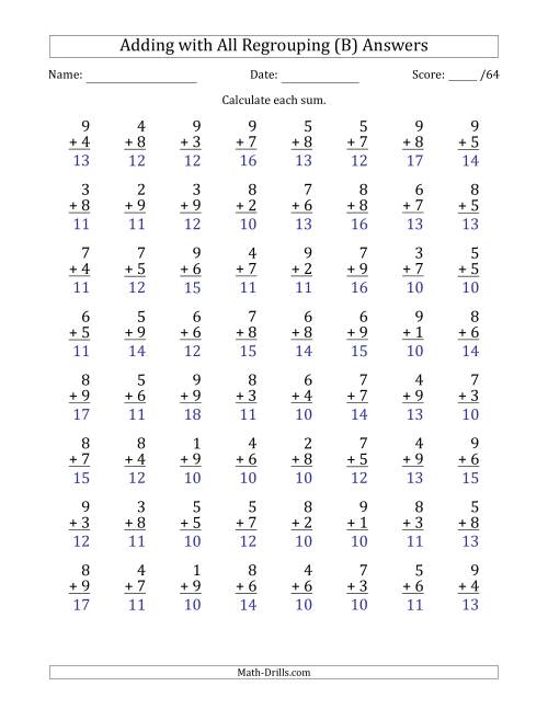 The 64 Single-Digit Addition Questions with All Regrouping (B) Math Worksheet Page 2