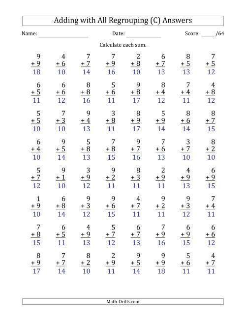 The 64 Single-Digit Addition Questions with All Regrouping (C) Math Worksheet Page 2