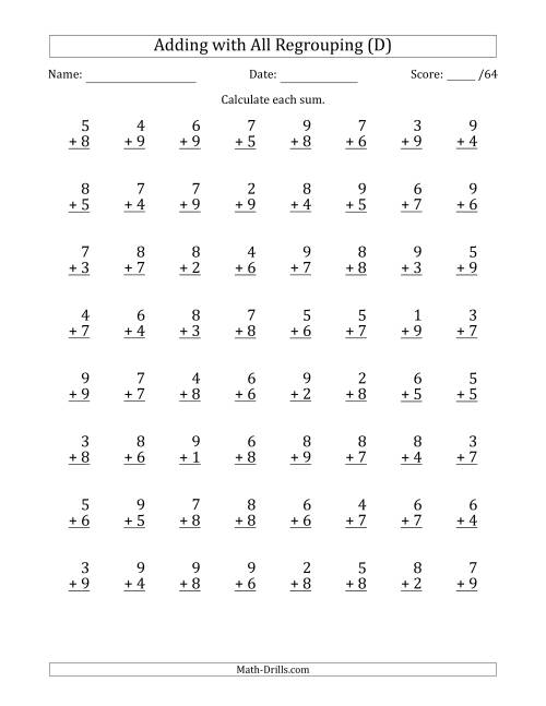 The 64 Single-Digit Addition Questions with All Regrouping (D) Math Worksheet