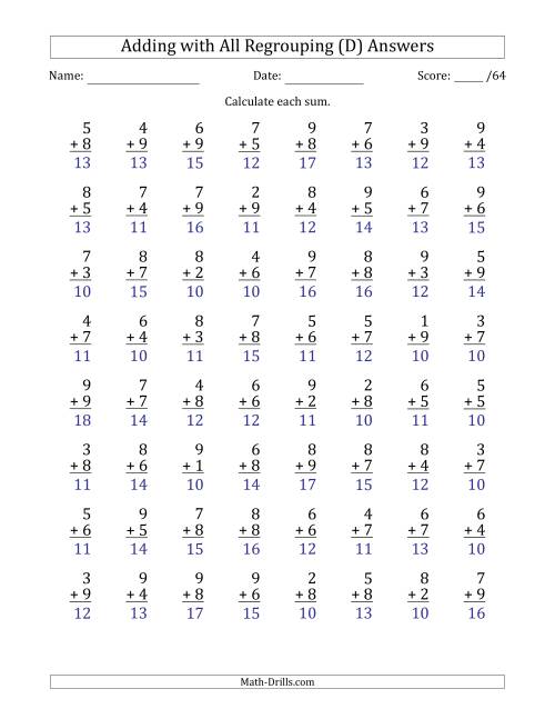 The 64 Single-Digit Addition Questions with All Regrouping (D) Math Worksheet Page 2