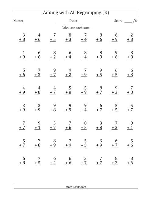 The 64 Single-Digit Addition Questions with All Regrouping (E) Math Worksheet