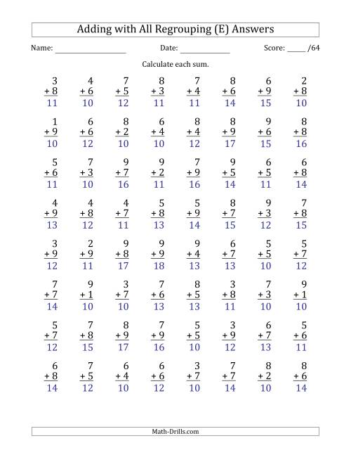 The 64 Single-Digit Addition Questions with All Regrouping (E) Math Worksheet Page 2