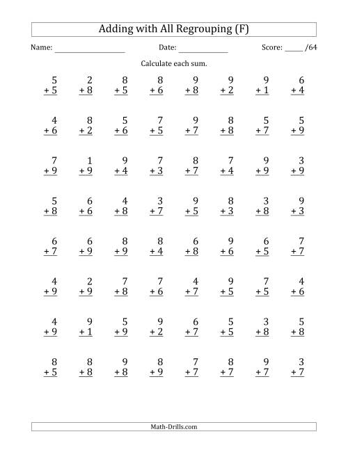 The 64 Single-Digit Addition Questions with All Regrouping (F) Math Worksheet