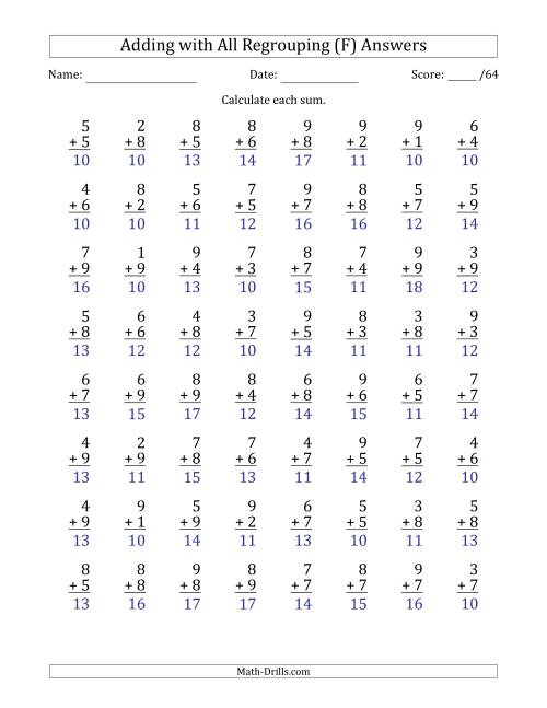 The 64 Single-Digit Addition Questions with All Regrouping (F) Math Worksheet Page 2