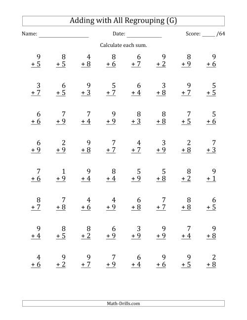 The 64 Single-Digit Addition Questions with All Regrouping (G) Math Worksheet
