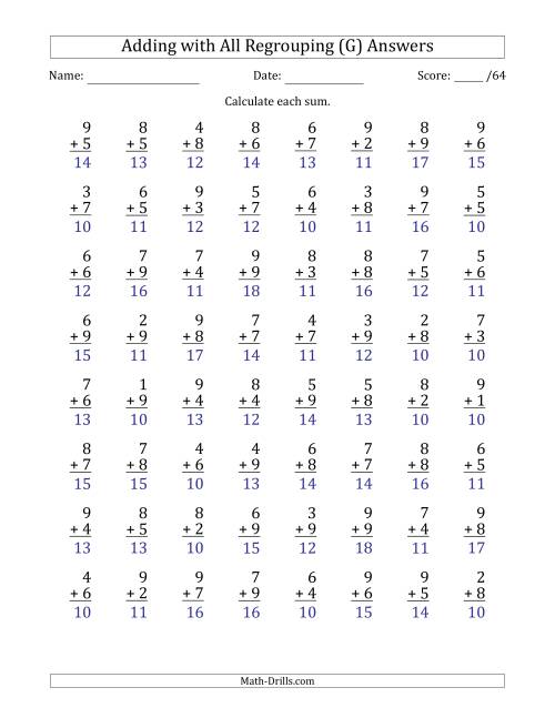 The 64 Single-Digit Addition Questions with All Regrouping (G) Math Worksheet Page 2