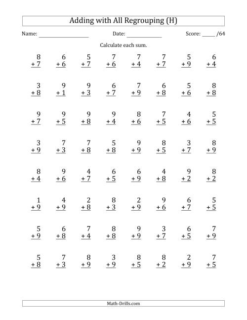 The 64 Single-Digit Addition Questions with All Regrouping (H) Math Worksheet
