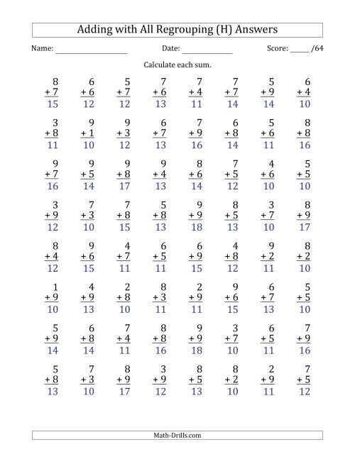 The 64 Single-Digit Addition Questions with All Regrouping (H) Math Worksheet Page 2