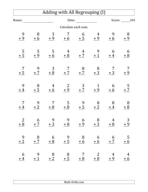 The 64 Single-Digit Addition Questions with All Regrouping (I) Math Worksheet