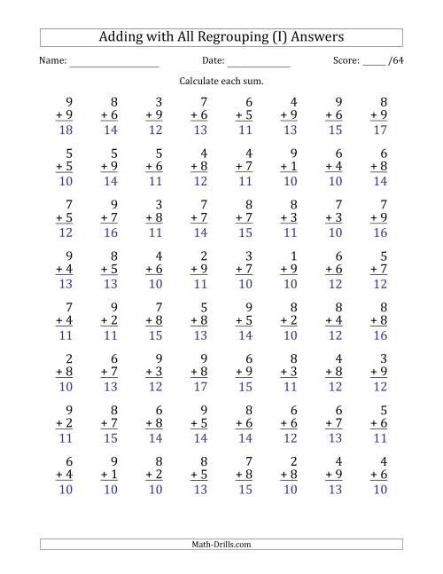 The 64 Single-Digit Addition Questions with All Regrouping (I) Math Worksheet Page 2