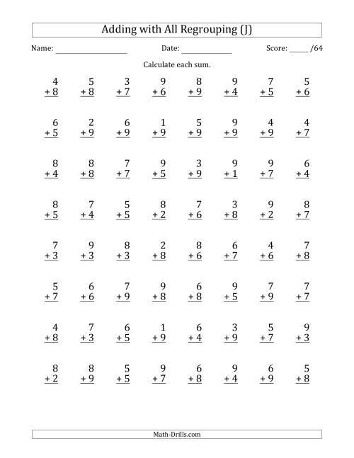 The 64 Single-Digit Addition Questions with All Regrouping (J) Math Worksheet