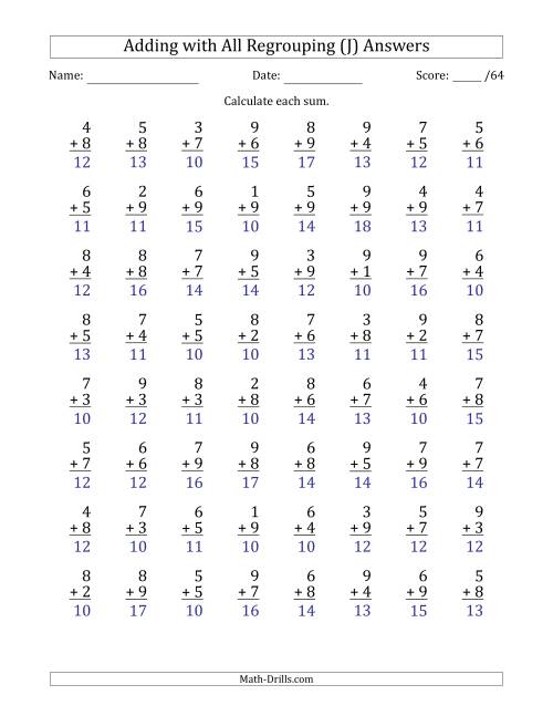 The 64 Single-Digit Addition Questions with All Regrouping (J) Math Worksheet Page 2