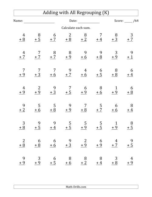 The 64 Single-Digit Addition Questions with All Regrouping (K) Math Worksheet