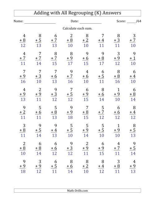 The 64 Single-Digit Addition Questions with All Regrouping (K) Math Worksheet Page 2