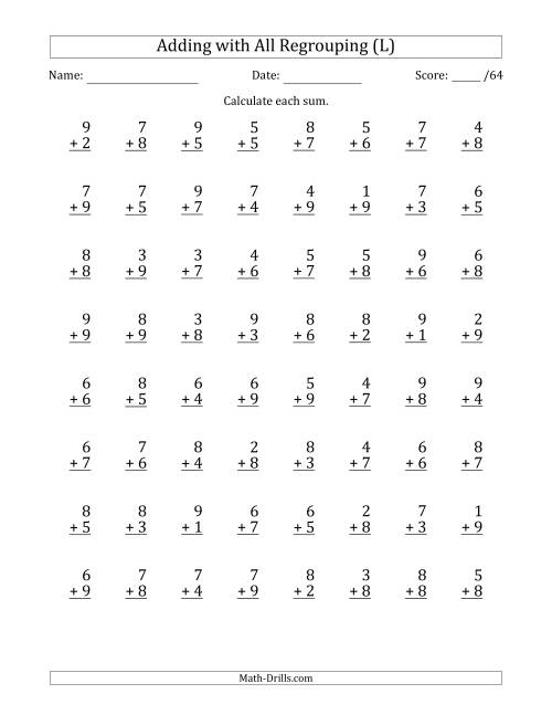 The 64 Single-Digit Addition Questions with All Regrouping (L) Math Worksheet