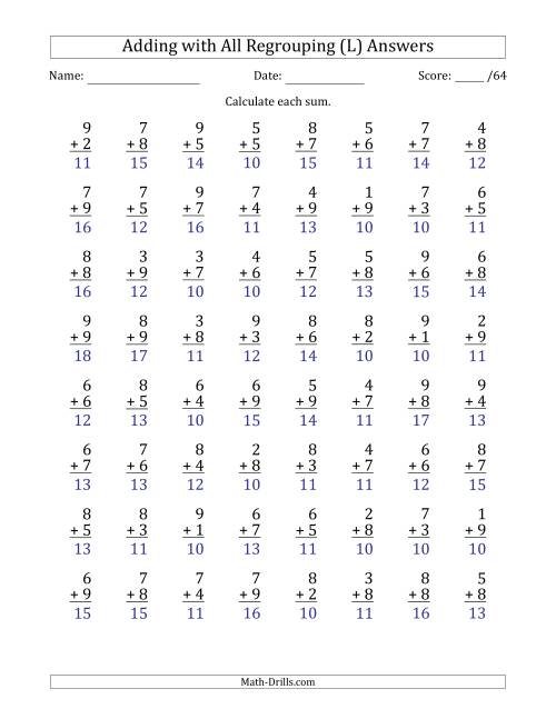 The 64 Single-Digit Addition Questions with All Regrouping (L) Math Worksheet Page 2