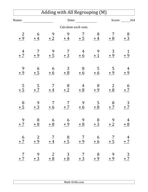 The 64 Single-Digit Addition Questions with All Regrouping (M) Math Worksheet