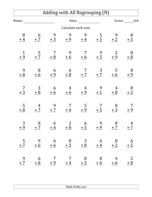 The 64 Single-Digit Addition Questions with All Regrouping (N) Math Worksheet