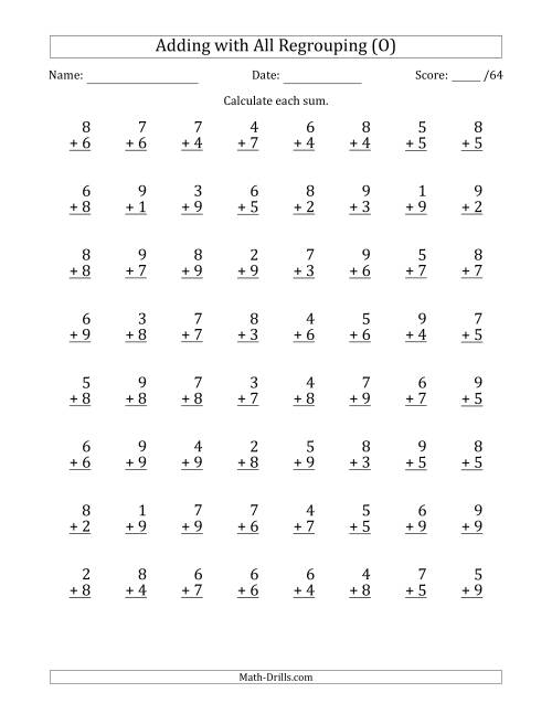The 64 Single-Digit Addition Questions with All Regrouping (O) Math Worksheet