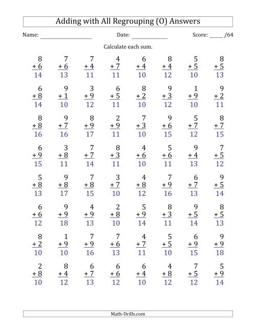 The 64 Single-Digit Addition Questions with All Regrouping (O) Math Worksheet Page 2