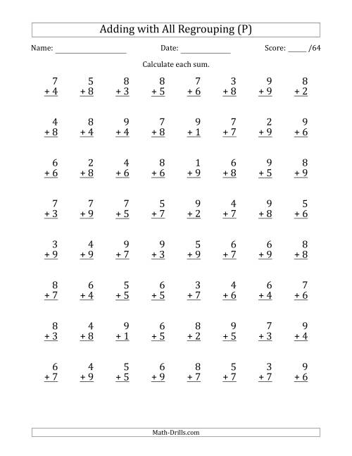 The 64 Single-Digit Addition Questions with All Regrouping (P) Math Worksheet