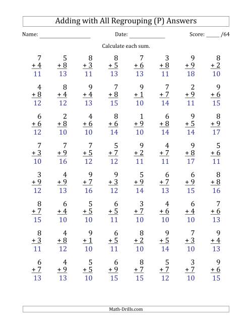The 64 Single-Digit Addition Questions with All Regrouping (P) Math Worksheet Page 2