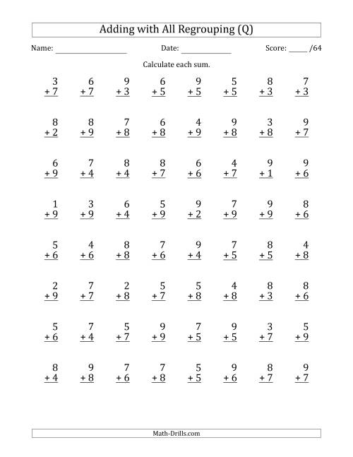 The 64 Single-Digit Addition Questions with All Regrouping (Q) Math Worksheet