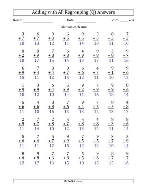 The 64 Single-Digit Addition Questions with All Regrouping (Q) Math Worksheet Page 2