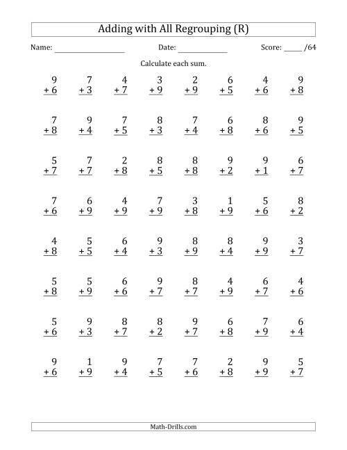 The 64 Single-Digit Addition Questions with All Regrouping (R) Math Worksheet