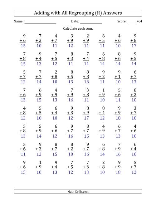 The 64 Single-Digit Addition Questions with All Regrouping (R) Math Worksheet Page 2