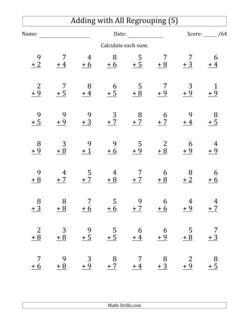 The 64 Single-Digit Addition Questions with All Regrouping (S) Math Worksheet