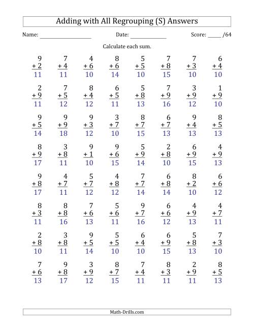 The 64 Single-Digit Addition Questions with All Regrouping (S) Math Worksheet Page 2