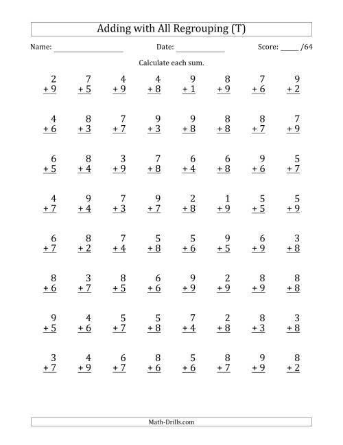 The 64 Single-Digit Addition Questions with All Regrouping (T) Math Worksheet