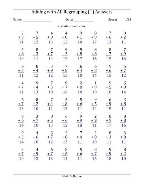 The 64 Single-Digit Addition Questions with All Regrouping (T) Math Worksheet Page 2