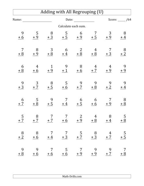 The 64 Single-Digit Addition Questions with All Regrouping (U) Math Worksheet