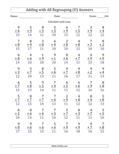 The 64 Single-Digit Addition Questions with All Regrouping (U) Math Worksheet Page 2