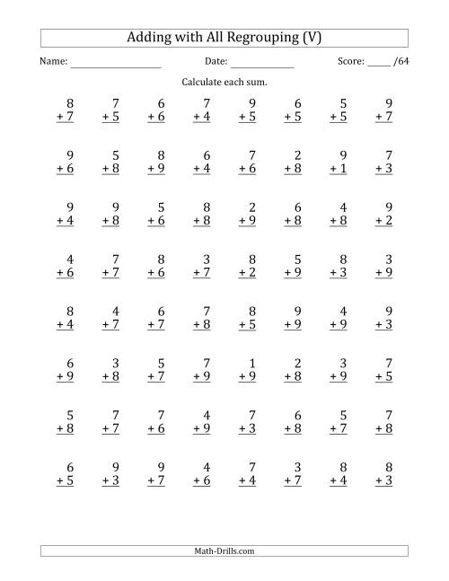 The 64 Single-Digit Addition Questions with All Regrouping (V) Math Worksheet