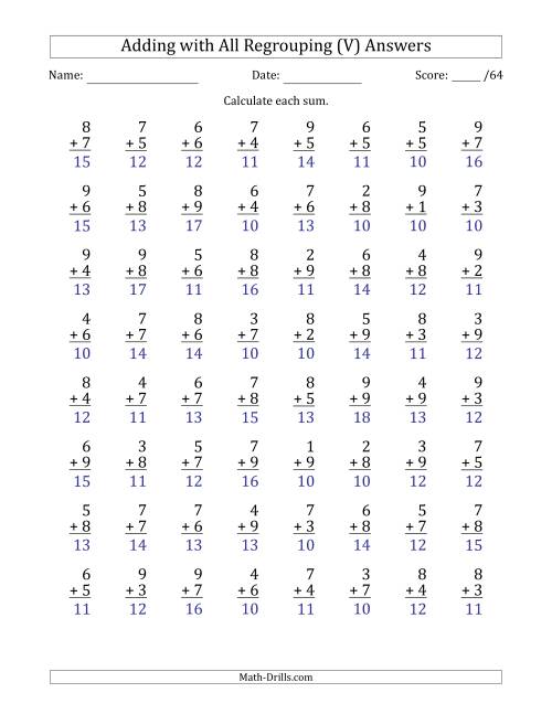 The 64 Single-Digit Addition Questions with All Regrouping (V) Math Worksheet Page 2