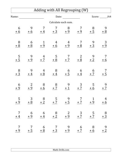 The 64 Single-Digit Addition Questions with All Regrouping (W) Math Worksheet