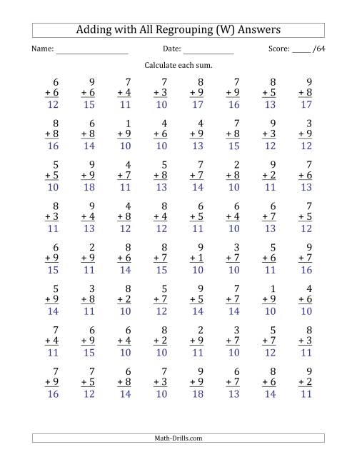 The 64 Single-Digit Addition Questions with All Regrouping (W) Math Worksheet Page 2