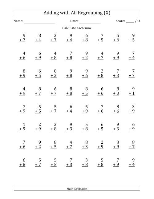 The 64 Single-Digit Addition Questions with All Regrouping (X) Math Worksheet