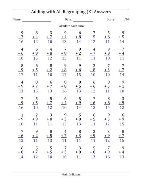 The 64 Single-Digit Addition Questions with All Regrouping (X) Math Worksheet Page 2