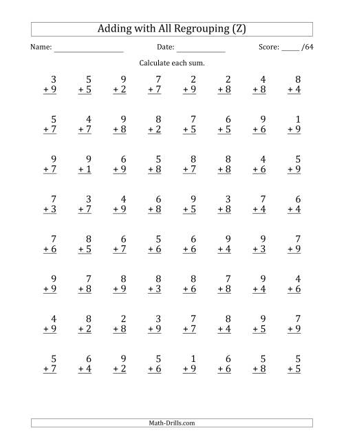 The 64 Single-Digit Addition Questions with All Regrouping (Z) Math Worksheet