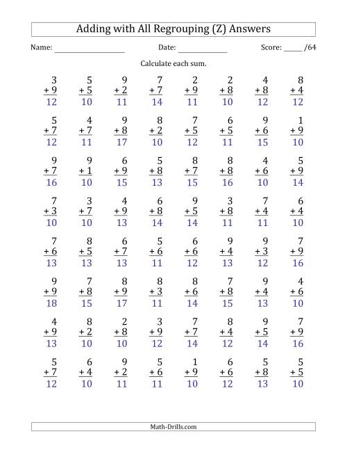 The 64 Single-Digit Addition Questions with All Regrouping (Z) Math Worksheet Page 2