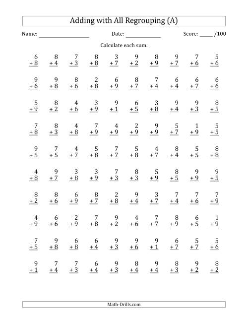 The 100 Single-Digit Addition Questions with All Regrouping (A) Math Worksheet