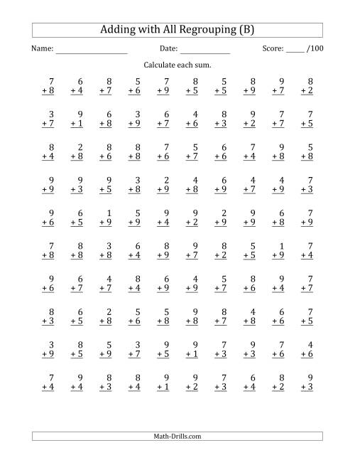 The 100 Single-Digit Addition Questions with All Regrouping (B) Math Worksheet