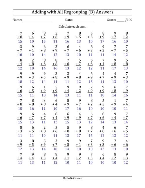 The 100 Single-Digit Addition Questions with All Regrouping (B) Math Worksheet Page 2