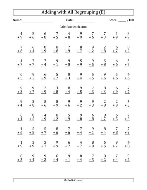 The 100 Single-Digit Addition Questions with All Regrouping (E) Math Worksheet