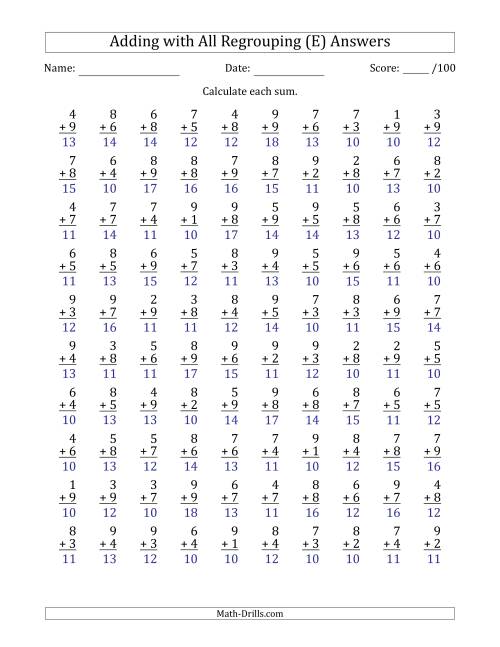 The 100 Single-Digit Addition Questions with All Regrouping (E) Math Worksheet Page 2